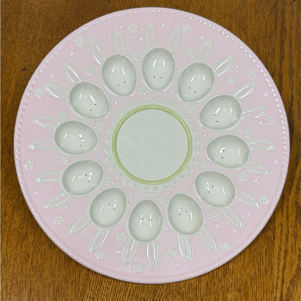 Pink Ceramic Easter Bunny Deviled Egg Platter